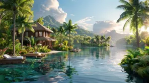 Scenic view of a luxurious waterfront property in Samui surrounded by lush greenery and calm waters.