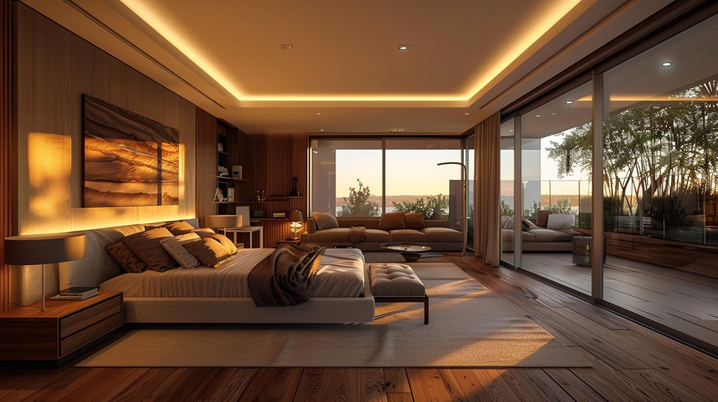 A luxurious bedroom with modern design, featuring warm lighting, wooden accents, and a scenic view of a balcony and greenery through large glass doors.