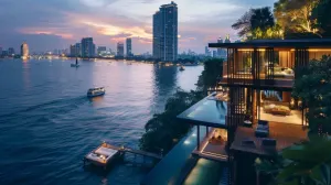 Luxurious house with illuminated interiors and exteriors by a river during twilight with cityscape in the background.