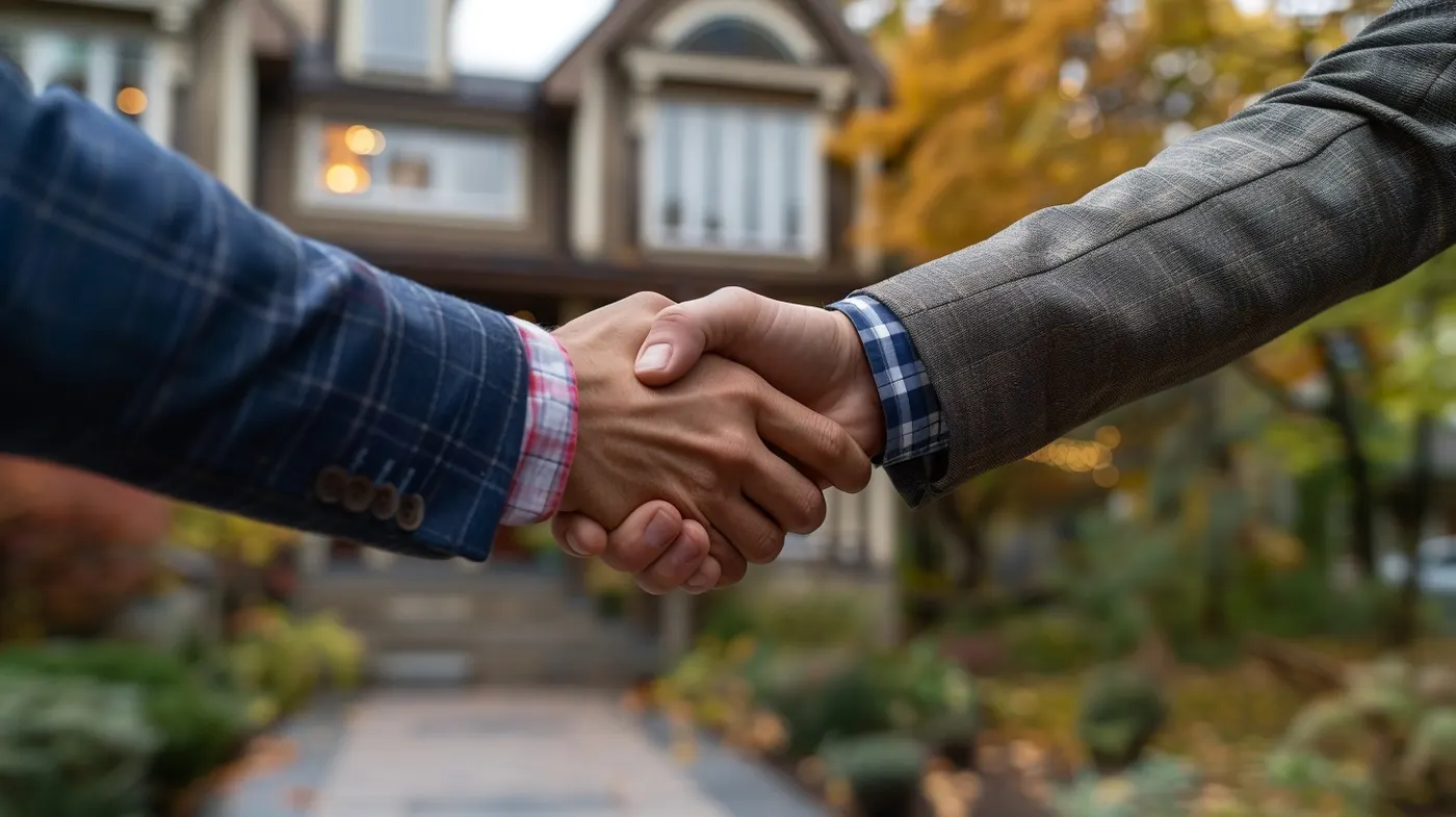 Close-up of two people shaking hands in front of a house.