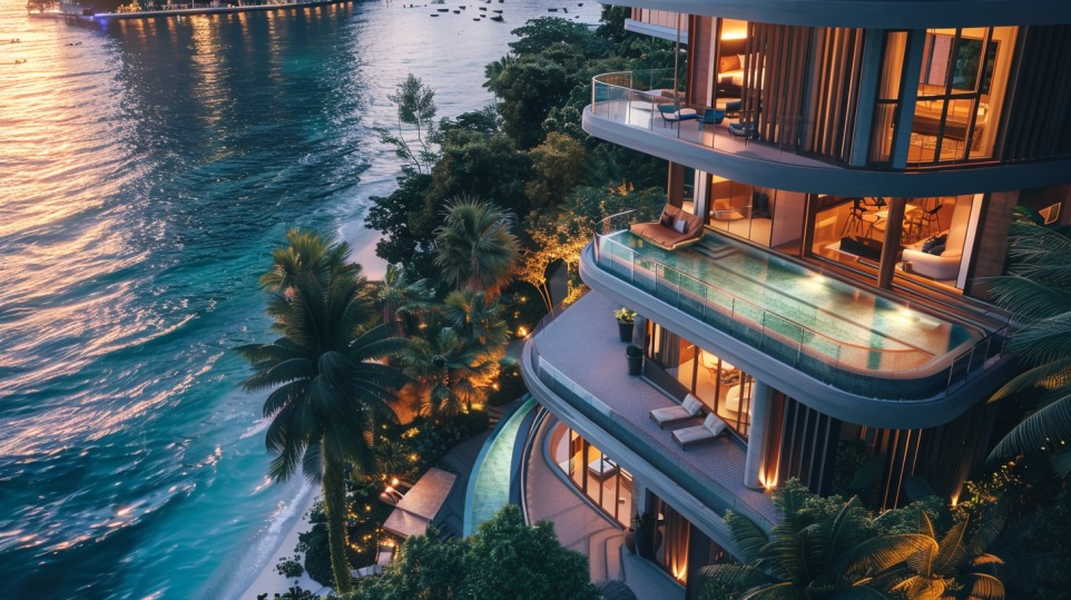 A modern villa with bright interiors on the seaside during twilight.