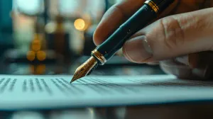 Close-up of a hand signing legal documents with a fountain pen.