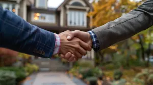 Close-up of two people shaking hands in front of a house.