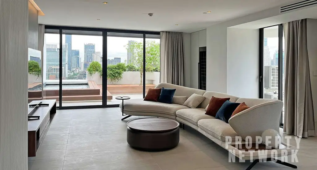 Luxurious 300 sqm duplex at Crystal Garden Condominium, Sukhumvit. 2 bedrooms, 3 baths, private terrace with pool, pet-friendly, and stunning skyline views near BTS Nana Station