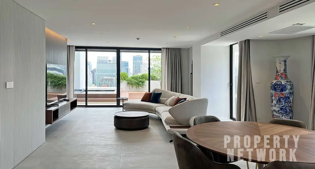 Luxurious 300 sqm duplex at Crystal Garden Condominium, Sukhumvit. 2 bedrooms, 3 baths, private terrace with pool, pet-friendly, and stunning skyline views near BTS Nana Station