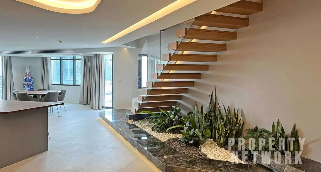 Luxurious 300 sqm duplex at Crystal Garden Condominium, Sukhumvit. 2 bedrooms, 3 baths, private terrace with pool, pet-friendly, and stunning skyline views near BTS Nana Station