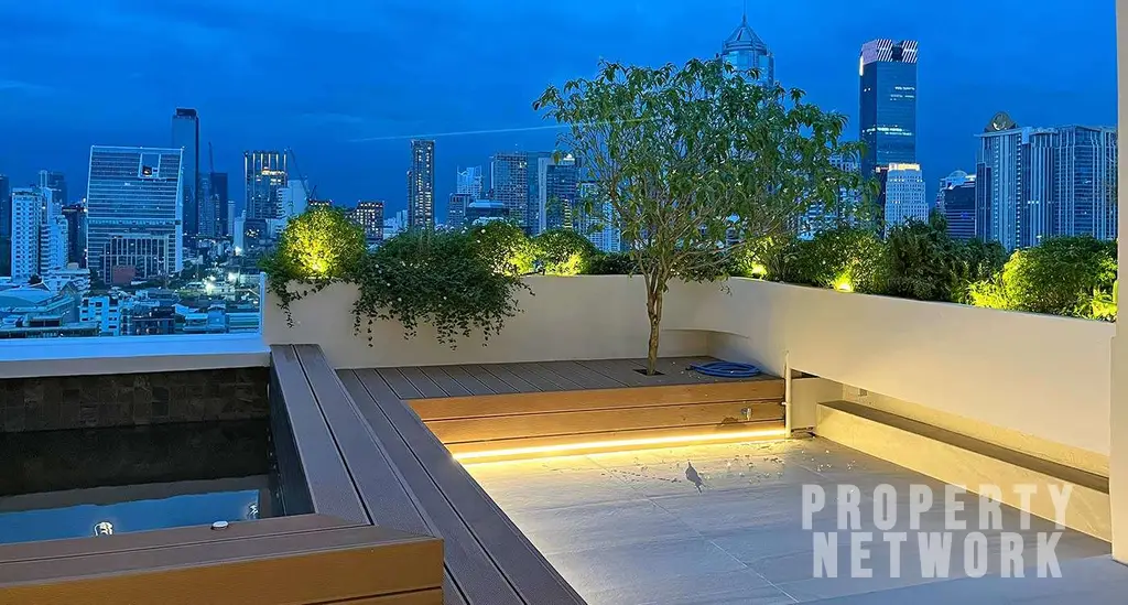 Luxurious 300 sqm duplex at Crystal Garden Condominium, Sukhumvit. 2 bedrooms, 3 baths, private terrace with pool, pet-friendly, and stunning skyline views near BTS Nana Station