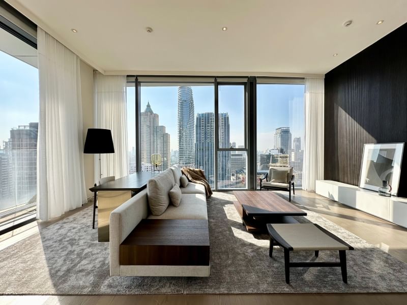 Luxury 2-bedroom condo at SCOPE Langsuan, 155 sqm, for sale at 128M THB. Prime location in Bangkok, near shopping malls, BTS, and dining spots.