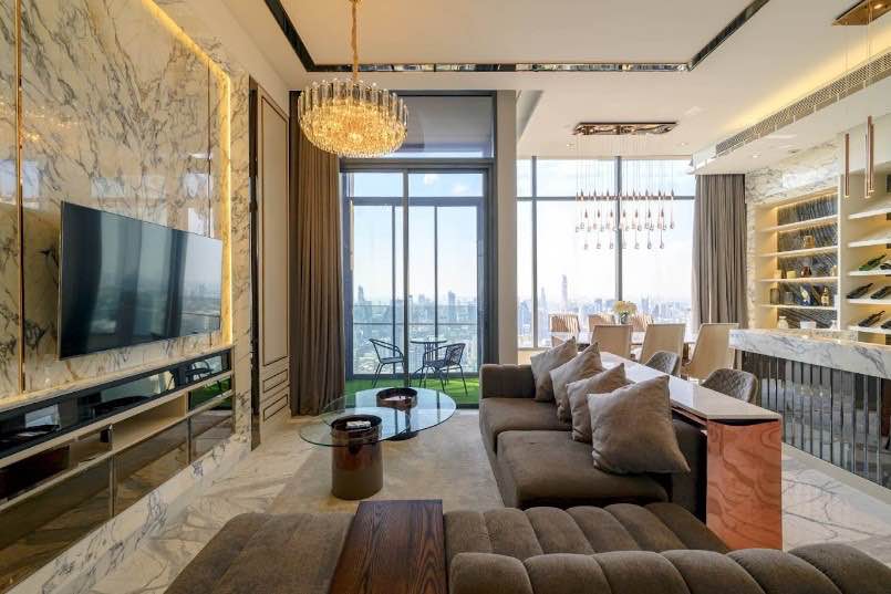 Luxurious 3-BR Condo at The ESSE Asoke, 157 sqm, high floor with panoramic views. Rent: 180,000 THB/month or Sale: 60M THB. Prime location near BTS Asok.