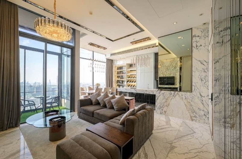 Luxurious 3-BR Condo at The ESSE Asoke, 157 sqm, high floor with panoramic views. Rent: 180,000 THB/month or Sale: 60M THB. Prime location near BTS Asok.