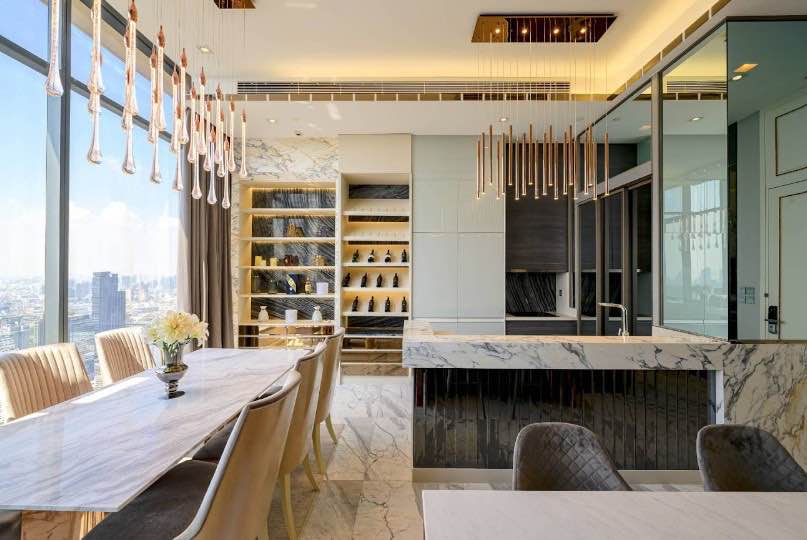 Luxurious 3-BR Condo at The ESSE Asoke, 157 sqm, high floor with panoramic views. Rent: 180,000 THB/month or Sale: 60M THB. Prime location near BTS Asok.