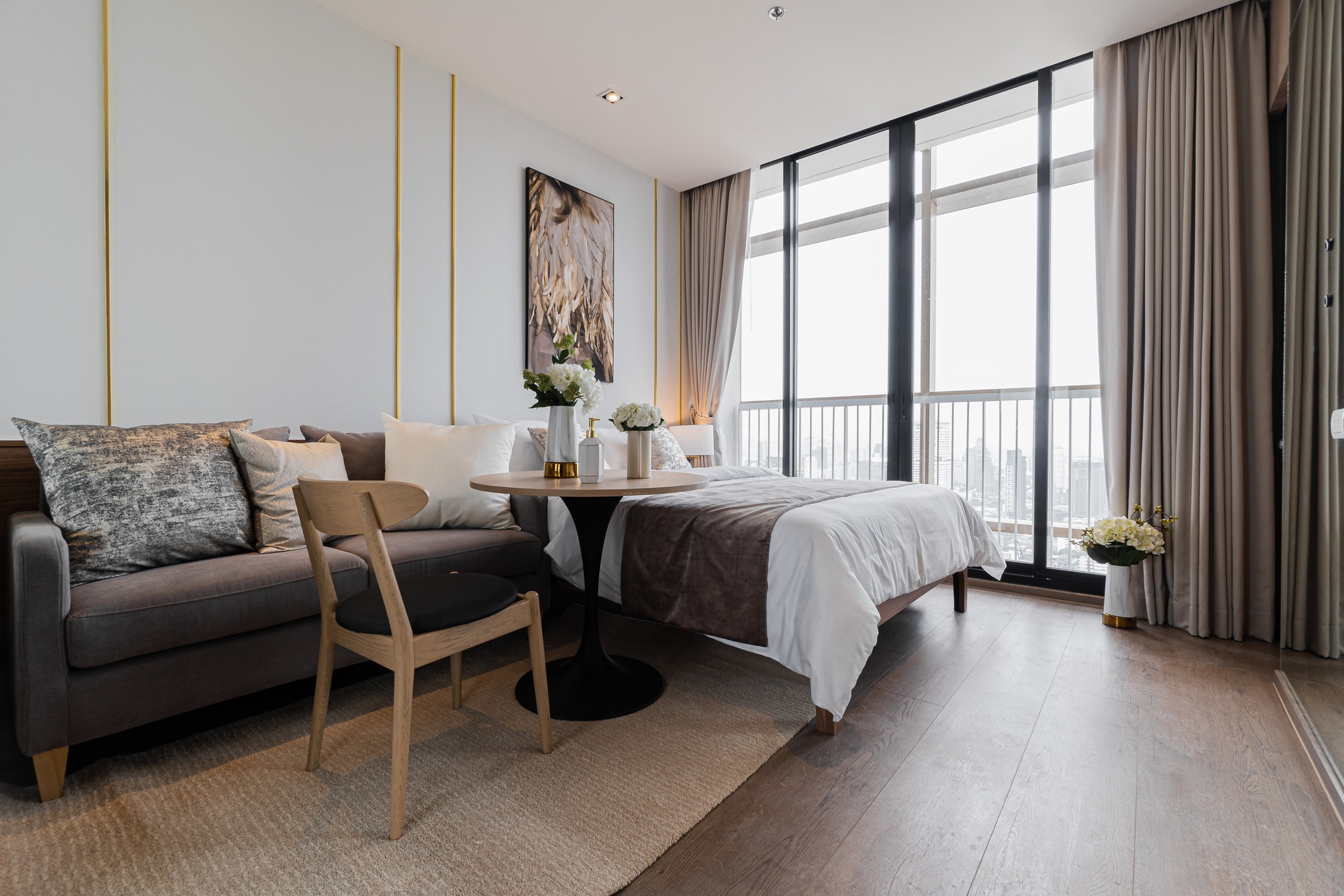 Stylish 1-bed, 1-bath condo at The Address Sathorn, 46.6 sqm, 12th floor with Mahanakhon Kingpower view. Prime location near BTS St. Louis & Chong Nonsi. Rent starts at 29,500 THB/month.