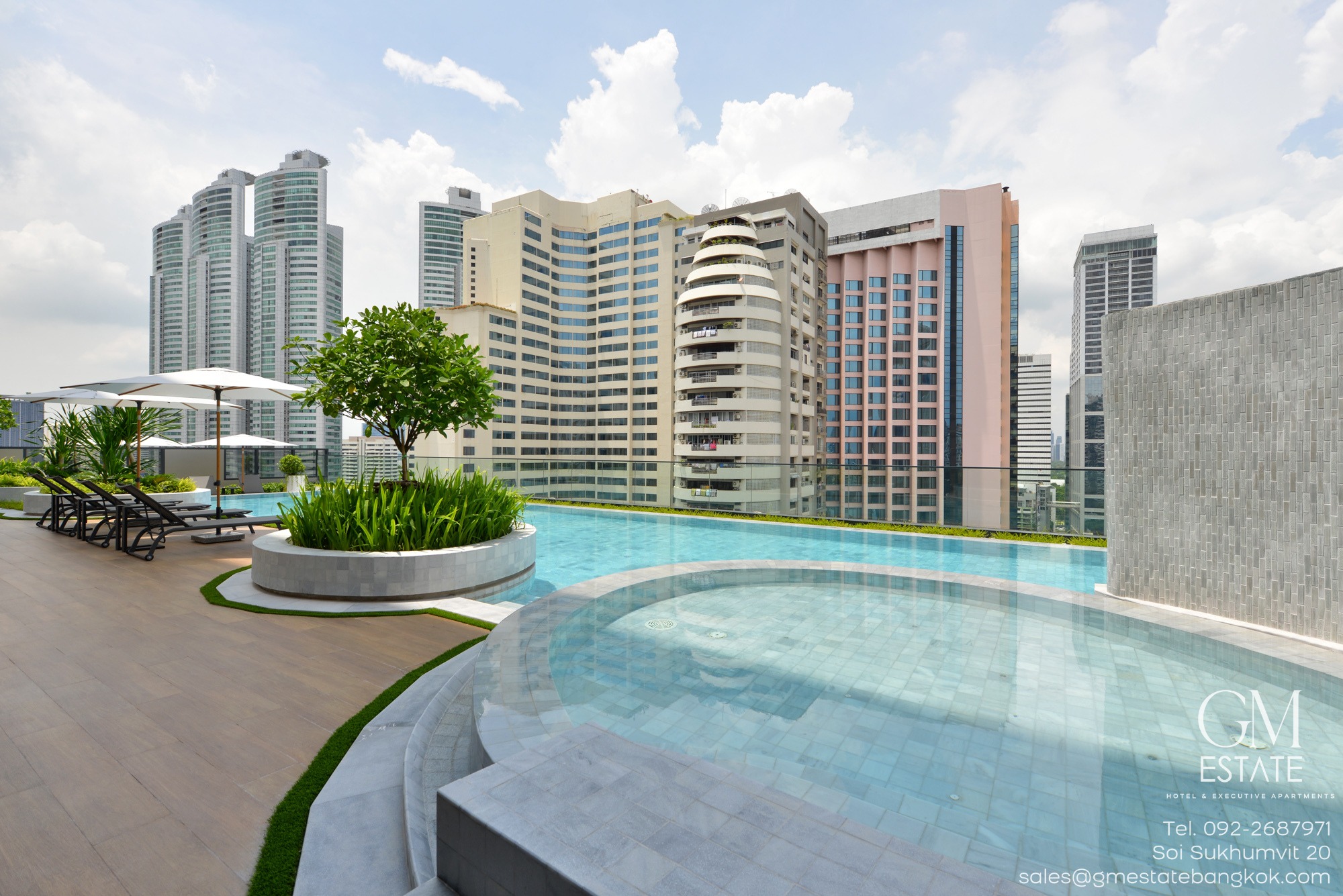 Luxury 2-BR apartment for rent at GM Estate Sukhumvit 20. Spacious 115 sqm, balcony, housekeeping, top amenities. Rent from 170K THB/month. Pet-friendly!