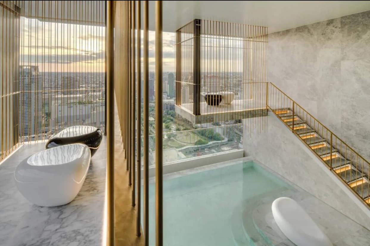 Luxury 1-bed condo for rent at 28 Chidlom (45 sqm). Prime location near Central World. Infinity pool, gym, sauna. Rent from 68,000 THB/month.