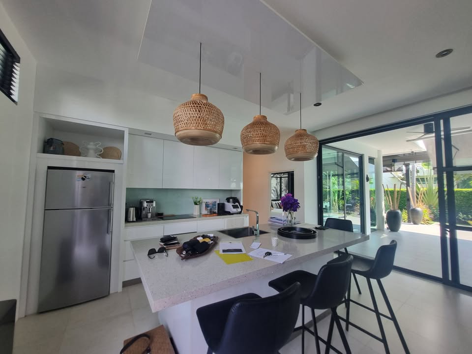 Stunning 4-bedroom pool villa in Soi 112, Hua Hin for sale. Solar power system, private saltwater pool, and resort-style amenities. Price: 15,000,000 THB.