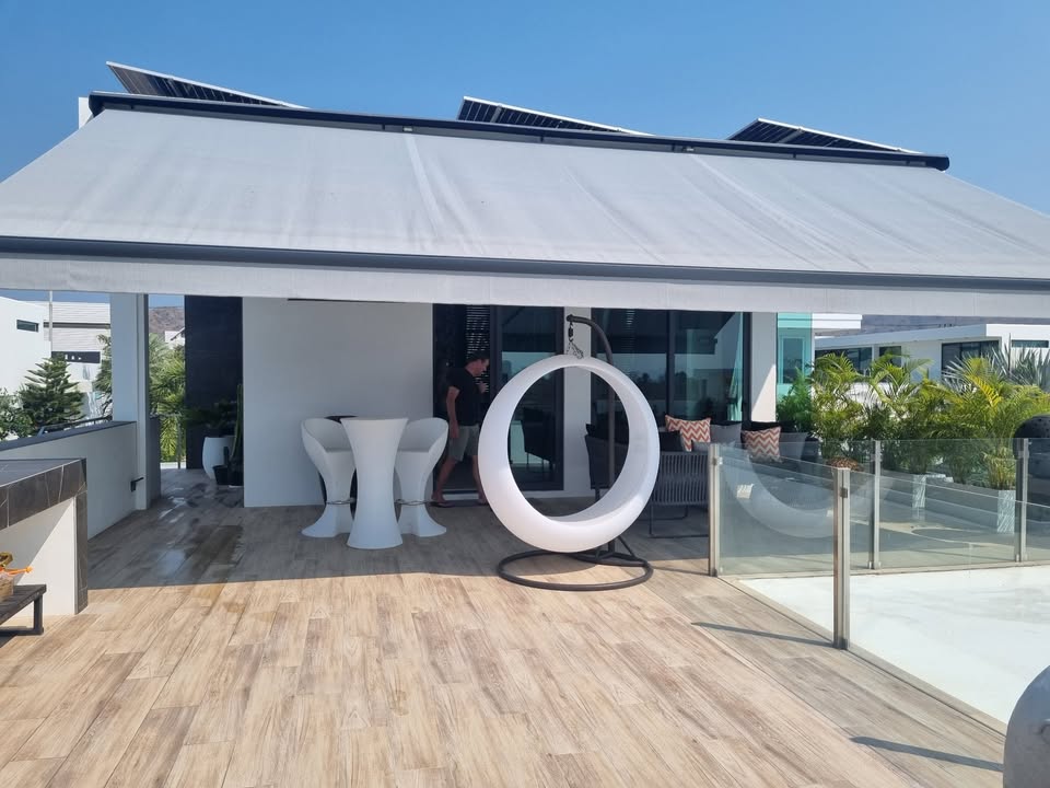 Stunning 4-bedroom pool villa in Soi 112, Hua Hin for sale. Solar power system, private saltwater pool, and resort-style amenities. Price: 15,000,000 THB.